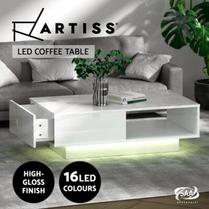 Artiss Coffee Table LED Lights High Gloss Storage Drawer Modern Furniture White - Picture 1 of 11