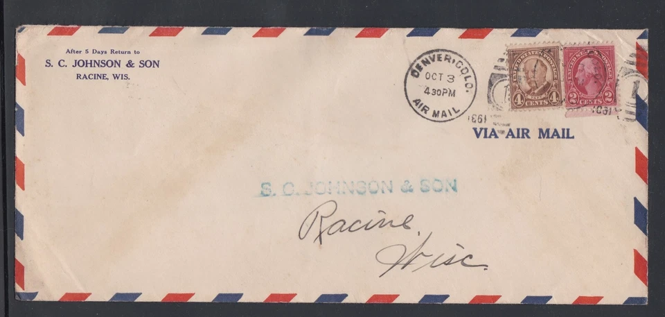 USA ADVERTISING COVER ENVELOPE S C JOHNSON & SON RACINE POSTMARKED DENVER AIR - Image 1 of 1
