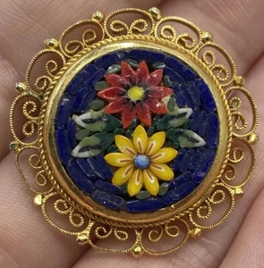 Vintage Italy Micro Mosaic Millefiori Round Floral Brooch 1.25" Filigree Edge - Picture 1 of 5