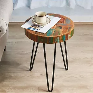 Reclaimed Wood End Table with Hand-carving, Small Round Side Tables Home Decor - Picture 1 of 10