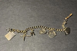 VTG Sweetheart Bracelet 6 Charms Chain Bronze Color Tarnished Scissors Love - Picture 1 of 8
