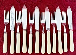 Antique Harrison Fisher & Co Sheffield 12 Piece Fish Set Ivorine Xylonite EP A1 - Picture 1 of 10