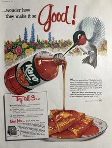 1958 Karo Syrup Waffle Red Label Hummingbird Corn Products Company VTG Print Ad - Picture 1 of 1
