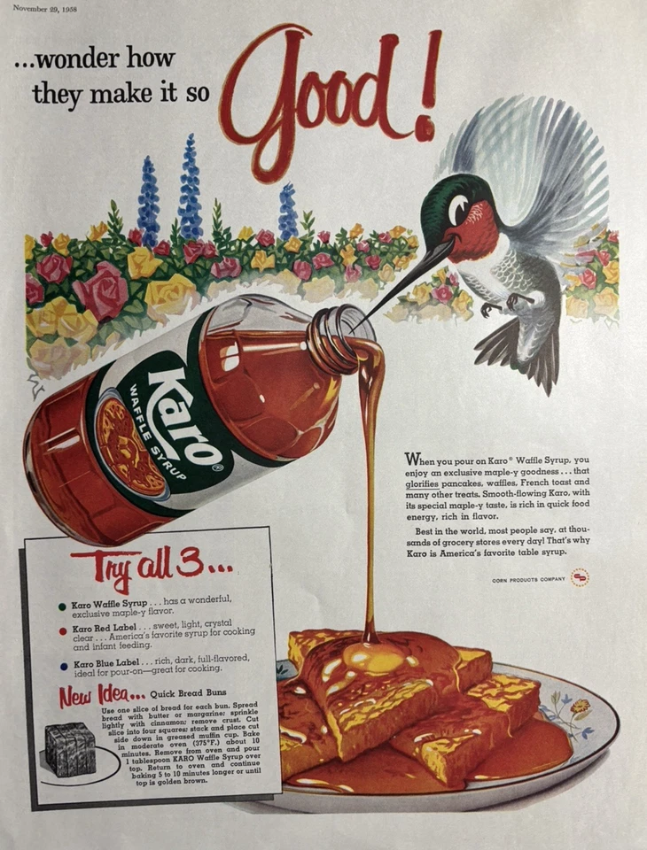 1958 Karo Syrup Waffle Red Label Hummingbird Corn Products Company VTG Print Ad - Image 1 of 1
