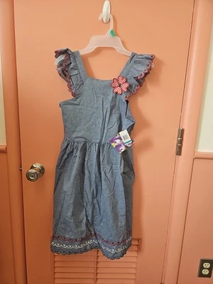 Nuevo con etiquetas Vestido de mezclilla Blueberi Boulevard talla 16 rojo y blanco ribete de vieira para niñas Foto 1 de 4