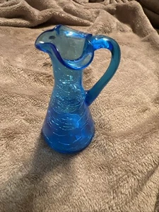 Vintage mundgeblasen blau Crackle Krug Dekor Glas 5 Zoll Unikat - Bild 1 von 13