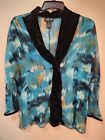 IVY CHIC NEW YORK Women's XL Blue Sheer Blouse Velet Trim Tie "Pre-owned"