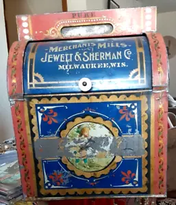 ANTIGUO, MERCHANTS MILLS JEWETT & SHERMAN CO. LATA MOSTRADOR COUNTRY TIENDA DE COMESTIBLES - Imagen 1 de 9