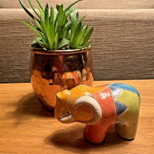 Colorful South African Raku Pottery Elephant Handmade Trunk up Signed by Artist - Picture 1 of 7