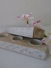 Wood 3Tealight Candle Holder White Wash Finished Farmhouse Country
