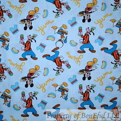 BonEful Fabric FQ Cotton Quilt Blue Mickey Mouse GOOFY Allover Donald Duck Print - Image 1 of 4