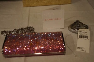 NEW JUDITH LEIBER PINK/SILVER CLUTCH PURSE - AWESOME CRYSTAL W SILVER 25" STRAP! - Picture 1 of 9