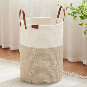 Tall Laundry Basket, Large Dirty Clothes Hamper with Leather Handle, Woven Rope - Picture 1 of 8