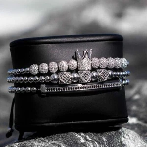 Fashion Men's Silver Micro Pave CZ Zircon Ball King Crown Braided Bracelets USA - Picture 1 of 22