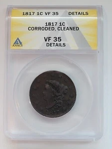 1817 Coronet Large Cent ANACS VF35 Details, High Grade Coin of Better Estate Set - Picture 1 of 4