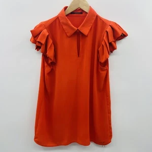 Tahari Womens Size Small Ruffled Flyaway Capped Sleeve Blouse in Orange 2266 - Picture 1 of 7