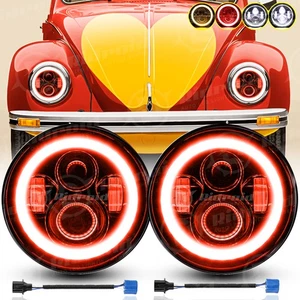 2x 7"Inch Round LED Headlights Hi/Low Beam Red Halo DRL For VW Beetle 1950-1979 - Picture 1 of 23