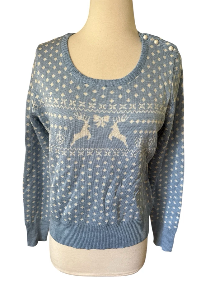 Suéter Hell Bunny 'Belle' Azul Cielo Blanco Navidad Reno Lana XL Retro Foto 1 de 4