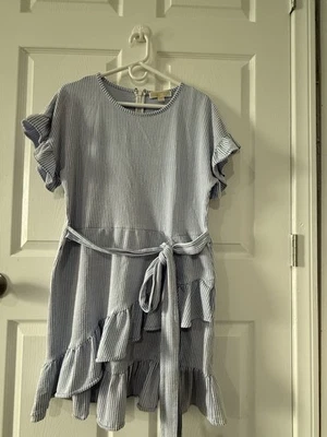 Michael Michael Kors Womens Sky Blue Ruffle Hem Striped Fit & Flare Dress Size L - Image 1 of 2