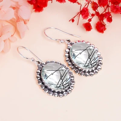 Black Rutilated Quartz 925 Sterling Silver Earring, Christmas Gift, E146140 - Image 1 of 4