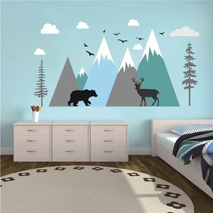 Baby Room Wall Decal Big Mountain Tree Adventure Theme Wall Sticker Woodland ... - Picture 1 of 8