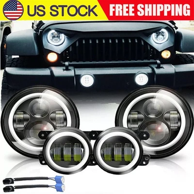 7" Round LED Headlights + 4" Fog Lights Combo Kit For Jeep Wrangler JK 2007-17 Foto 1 de 4