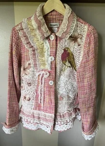 Upcycled ~ Easy Spirit ~ PINK TWEED JACKET ~ Embellised Patches Boho Hippie M/L - Picture 1 of 15