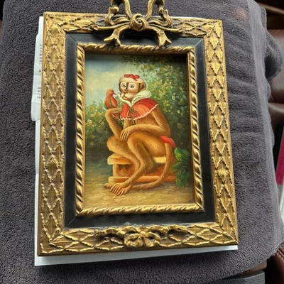 Pintura al óleo ~Mono sosteniendo pájaro ~ después de William Skilling - Marco barroco personalizado Foto 1 de 4