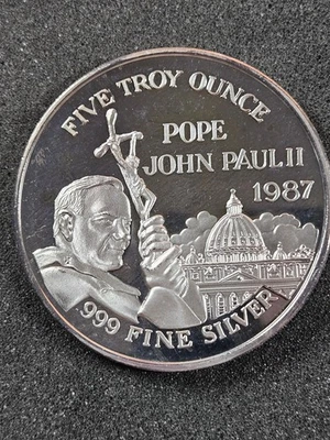 🌟 1987 Pope John Paul II Proof 5 oz .999 Silver Bullion Round Papal Visit USA - Image 1 of 4