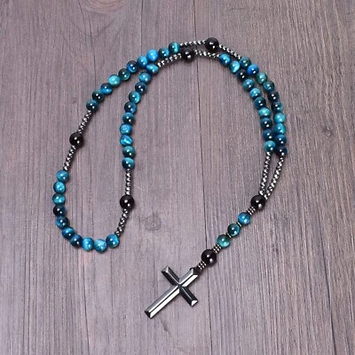 Blue Tiger's Eye Obsidian Stone Beaded Necklace Beaded Hematite Cross Pendant - Image 1 of 3