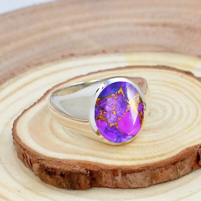 Anillo de plata de ley 925 hecho a mano púrpura cobre turquesa corte ovalado joyería para hombre Foto 1 de 3