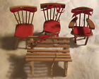 Vintage Wood Lot 3 Chairs w/Red Felt Seats and Bows, Bench With Bow Ornaments