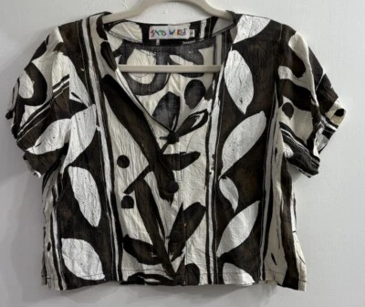 Blusa JAMS WORLD feminina pequena marrom branca botões havaianos anos 80 - Imagem 1 de 4