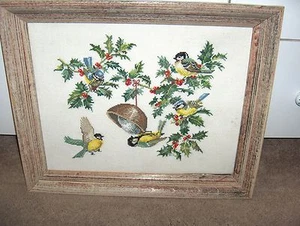 Vintage Needlepoint Framed Picture Yellow Birds Holly Berries Leaves NICE - Picture 1 of 3
