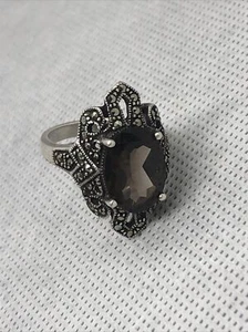 Vintage marcasite sterling silver ring with large Brown stone Sz8.5 - Picture 1 of 4