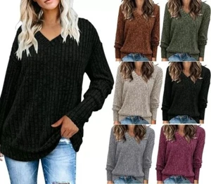 Women V Neck Baggy Sweater Knitted Jumper Ladies Solid Pullover Long Sleeve tops - Picture 1 of 11