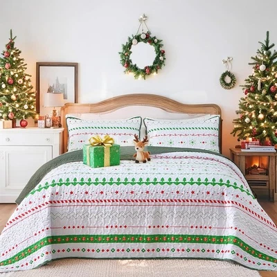 Juego de colchas de Navidad tamaño king, colchas a rayas verdes árbol de Navidad regalo Patt Foto 1 de 4