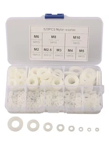 Assorted 520pcs White Nylon Washers in 8 Sizes for Various Applications - Photo 1/12