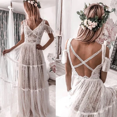 Boho A-Line Wedding Dresses Spaghetti Straps Backless Lace Applique Bridal Gowns - Image 1 of 4