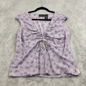 VTG DKNY Jeans Shirt Womens 12 Purple Floral Ruched Tie Front Cottagecore Fairy - Picture 1 of 16