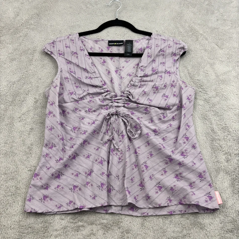 VTG DKNY Jeans Shirt Womens 12 Purple Floral Ruched Tie Front Cottagecore Fairy - Image 1 of 4