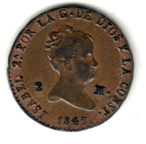 ESPAÑA 2 maravedis cobre 1847 Segovia- Reina Isabel II - muy bonita - Picture 1 of 2