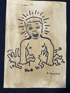 KEITH HARING drawing on old paper signed stamped vintage - Picture 1 of 2