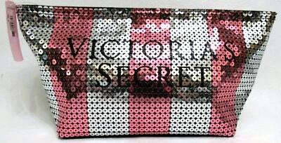 Bolso de Maquillaje Cosmético Victoria's Secret Lentejuelas Rosa y Plateado Tira Raro Foto 1 de 4