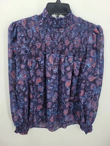 Joie Top Mujer Pequeño Azul Púrpura Floral Calado Cuello Simulado Manga Larga Artístico Nuevo con Etiquetas - Imagen 1 de 11