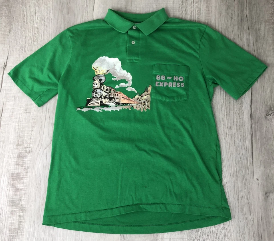 Vintage Train Shirt BB ~ HO EXPRESS Hanes Green Polo Made USA Boys Size L - Image 1 of 4