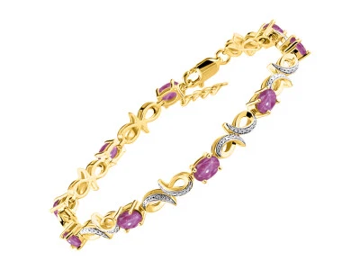 RYLOS STAR RUBY & DIAMOND TENNIS BRACELET YELLOW GOLD PLATED SILVER 7-8"  - Image 1 of 4