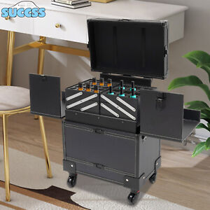 7-Compartment Rolling Makeup Train Case Beauty Trolley Cosmetic Organizer Box !