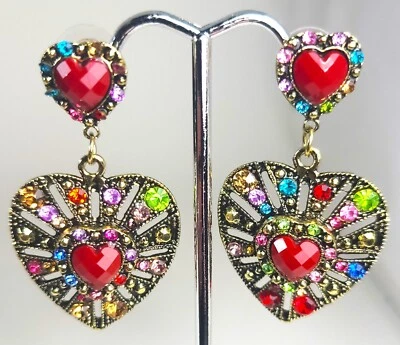 Brincos pendurados vintage estilo art déco coração vermelho multicoloridos strass perfurados - Imagem 1 de 4