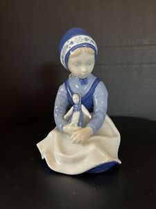 Vintage Lippelsdorf GDR Porcelain Girl with Doll Traditional Dress Blue White